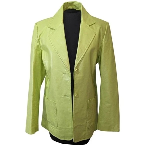 METROSTYLE Leather Jacket Blazer Lime Green Button Front Lined Size 10 Retro - Picture 1 of 13